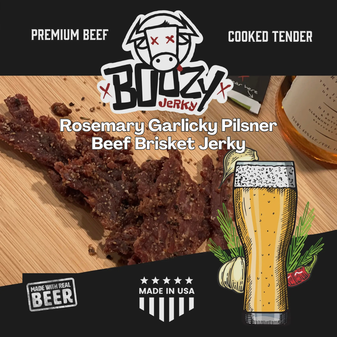Rosemary Garlicky Pilsner Beef Brisket Jerky | Boozy Jerky