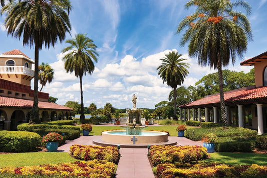     Spanish Colonial courtyard and fountain at Mission Resort + Club in Howey-in-the-Hills, Florida