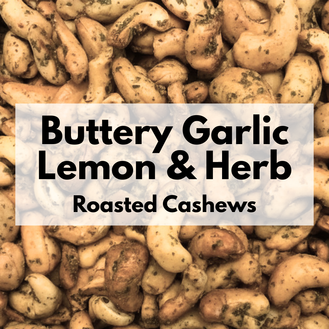 Buttery Garlic Lemon & Herb Cashews by Captain Crazy's in a resealable stand-up pouch with premium roasted cashews.