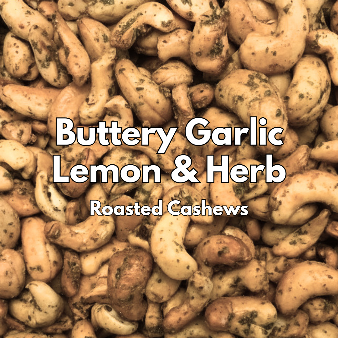 Buttery Garlic Lemon & Herb Roasted Cashews by Captain Crazy's in a resealable stand-up pouch with premium roasted cashews.