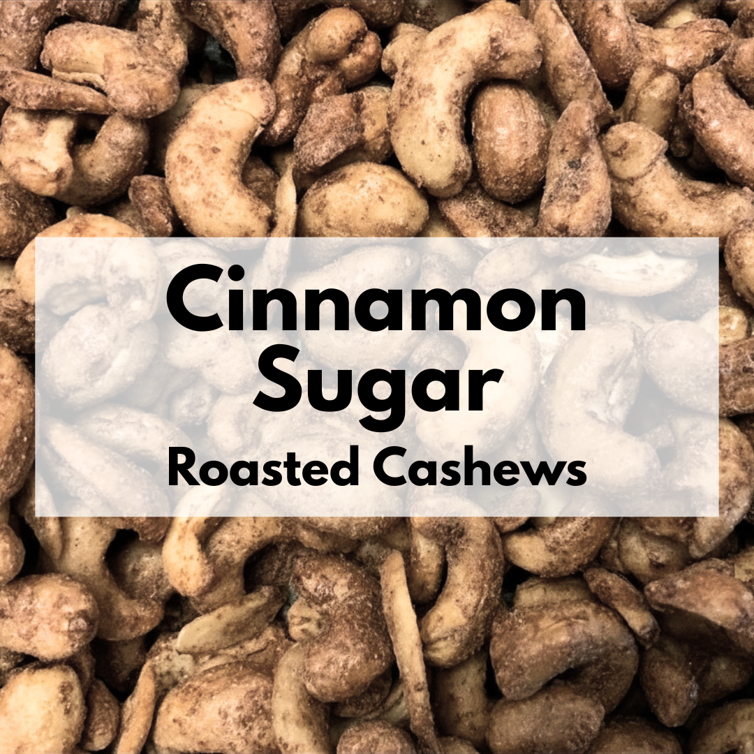 Captain Crazy's Cinnamon Sugar Roasted Cashews in a resealable stand-up pouch featuring premium whole cashews infused with cinnamon and real vanilla bean.
