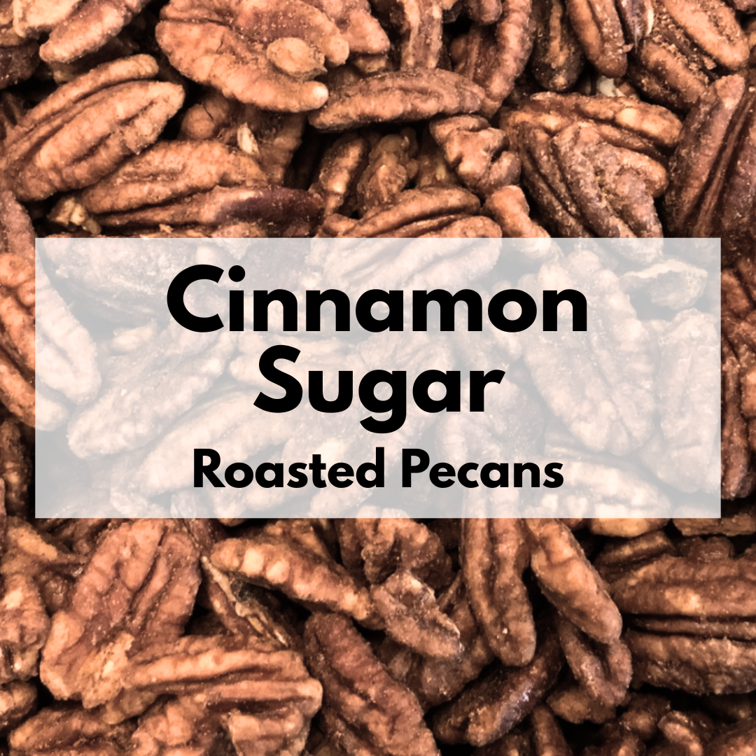 Captain Crazy's Cinnamon Sugar Roasted Pecans in a resealable stand-up pouch featuring premium mammoth pecan halves infused with cinnamon and real vanilla bean.