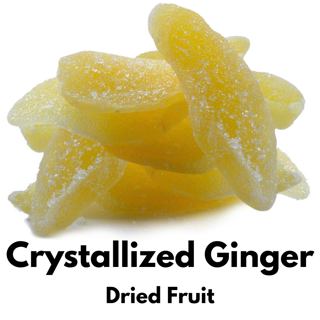 Pile of crystallized ginger slices with a sparkling sugar coating on a white background with Captain Crazy's Dried Fruit branding.