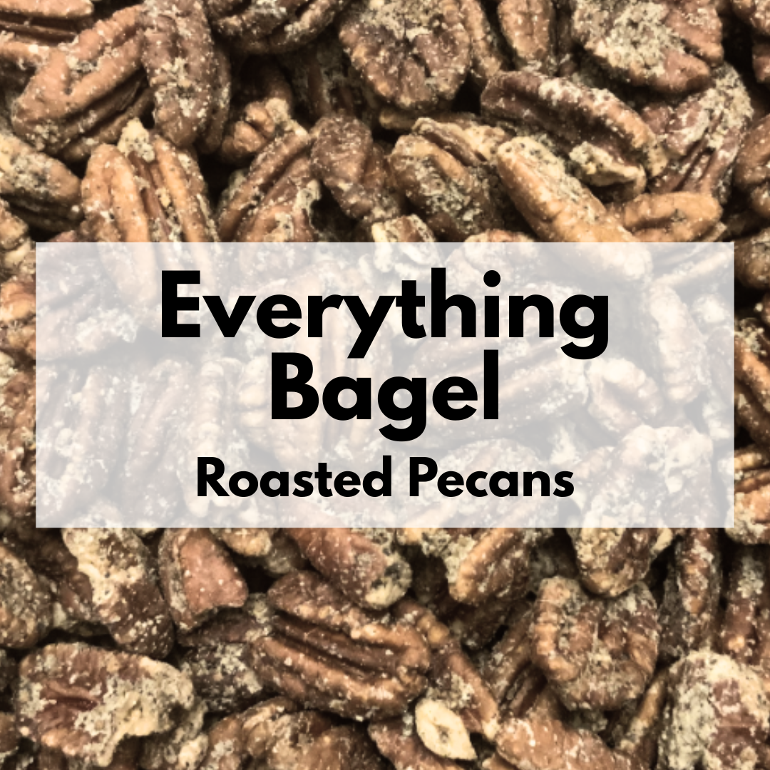 Captain Crazy's Everything Bagel Roasted Pecans in a resealable stand-up pouch featuring premium mammoth pecan halves infused with savory everything bagel seasoning.