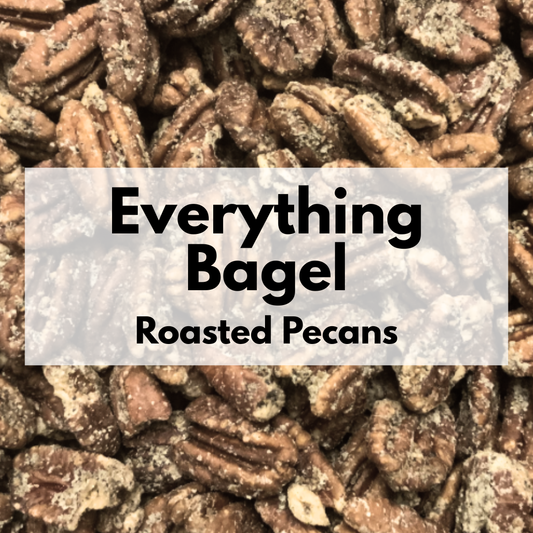Captain Crazy's Everything Bagel Roasted Pecans in a resealable stand-up pouch featuring premium mammoth pecan halves infused with savory everything bagel seasoning.