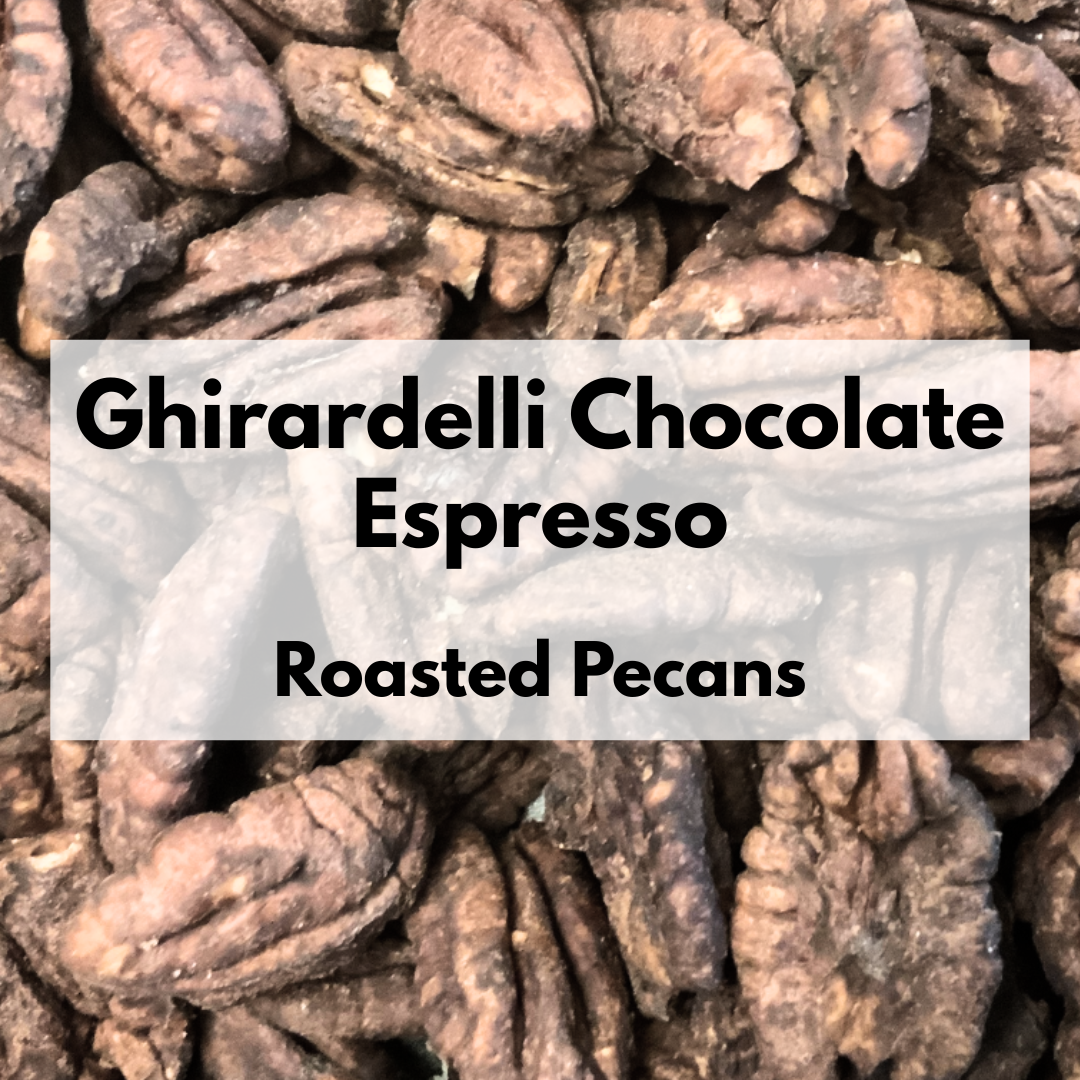 Captain Crazy's Ghirardelli® Chocolate Espresso Roasted Pecans in a resealable stand-up pouch featuring premium mammoth pecan halves infused with chocolate and espresso.