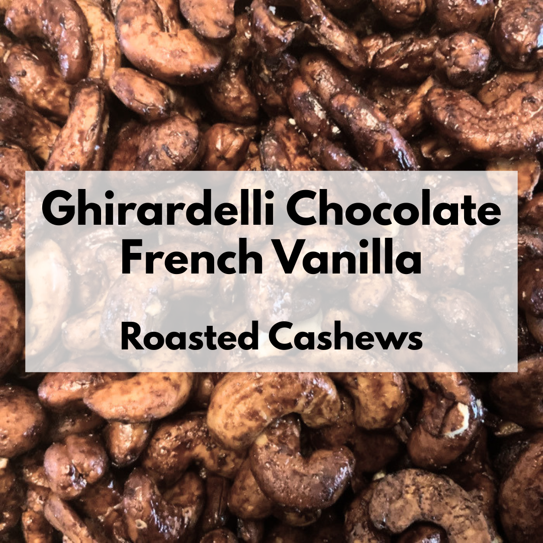 Captain Crazy's Ghirardelli® Chocolate French Vanilla Roasted Cashews in a resealable stand-up pouch featuring premium whole cashews infused with rich chocolate and French vanilla.