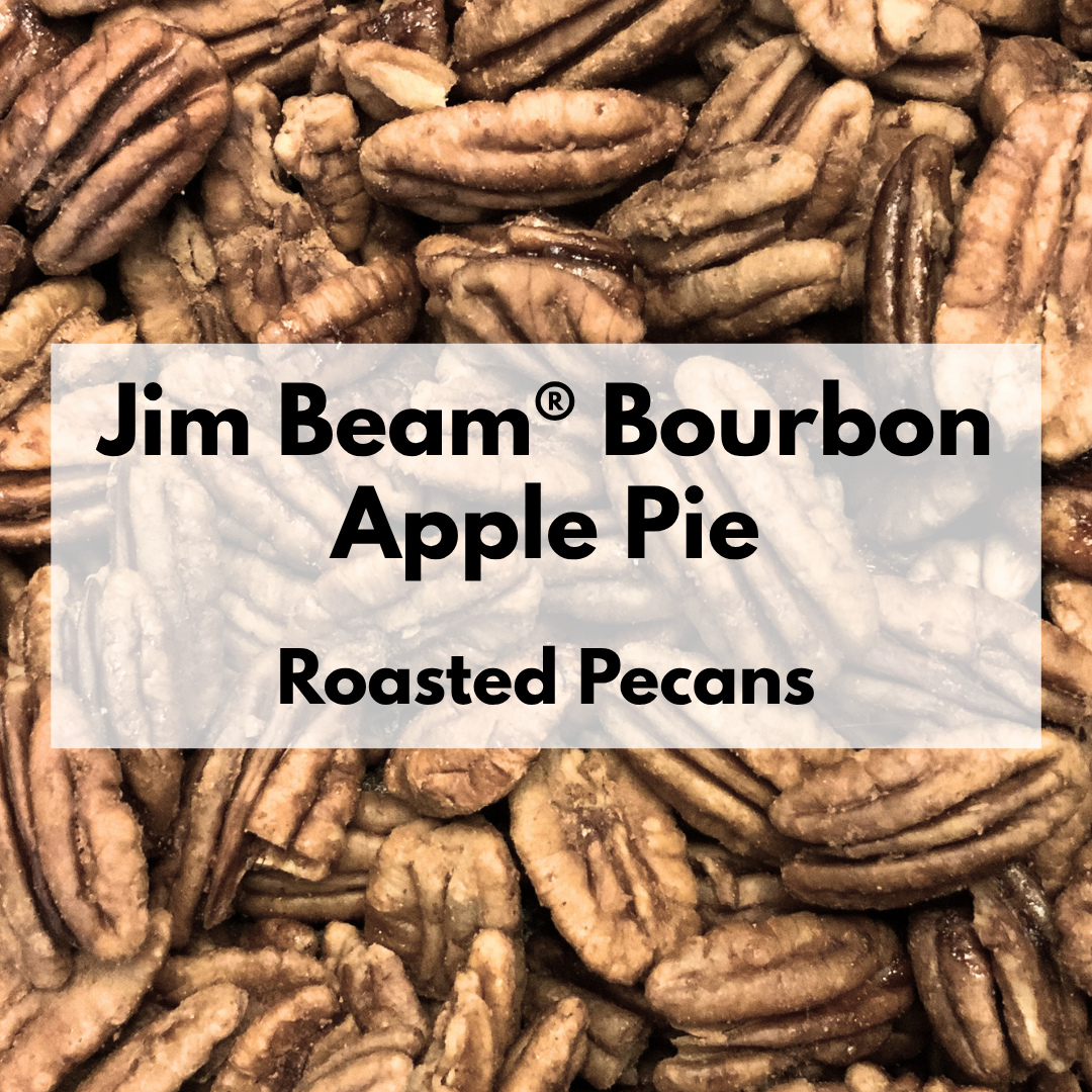 Captain Crazy's Jim Beam® Bourbon Apple Pie Roasted Pecans in a resealable stand-up pouch featuring premium mammoth pecan halves infused with Jim Beam® Apple Bourbon and warm apple pie spices.