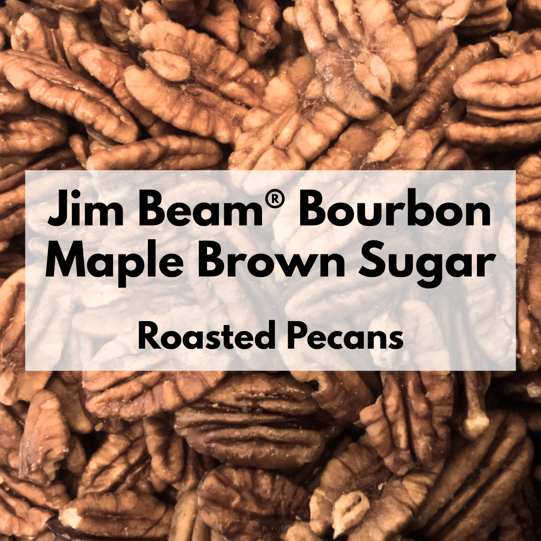 Captain Crazy's Jim Beam® Bourbon Maple Brown Sugar Roasted Pecans in a resealable stand-up pouch featuring premium mammoth pecan halves infused with bourbon and maple sugar.