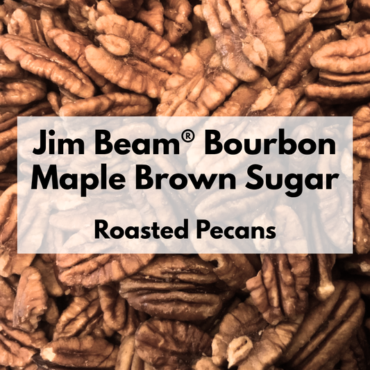 Captain Crazy's Jim Beam® Bourbon Maple Brown Sugar Roasted Pecans in a resealable stand-up pouch featuring premium mammoth pecan halves infused with bourbon and maple sugar.