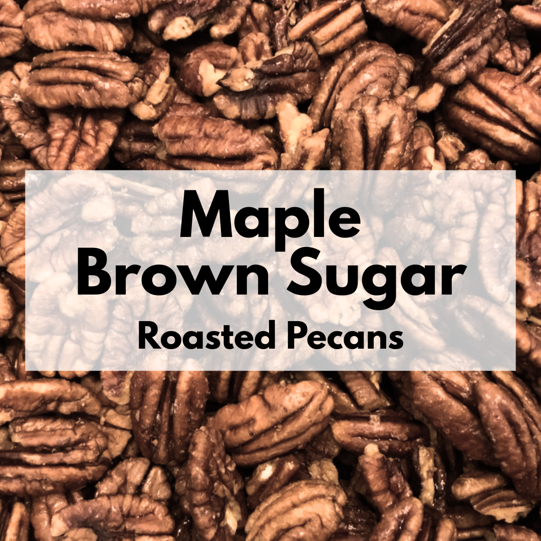 Captain Crazy's Maple Brown Sugar Roasted Pecans in a resealable stand-up pouch featuring premium mammoth pecan halves infused with pure maple sugar.