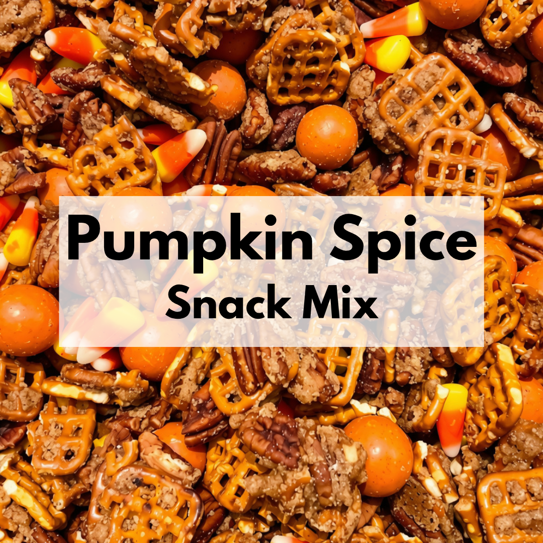 Captain Crazy's Pumpkin Spice Snack Mix in orange striped resealable pouch with pumpkin-shaped window showing roasted pecans, pretzels and pumpkin spice candies.
