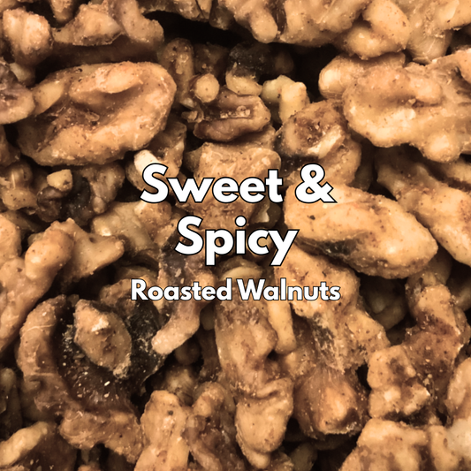 Captain Crazy's Sweet & Spicy Roasted Walnuts in a resealable stand-up pouch featuring premium walnut halves infused with cinnamon and cayenne pepper.