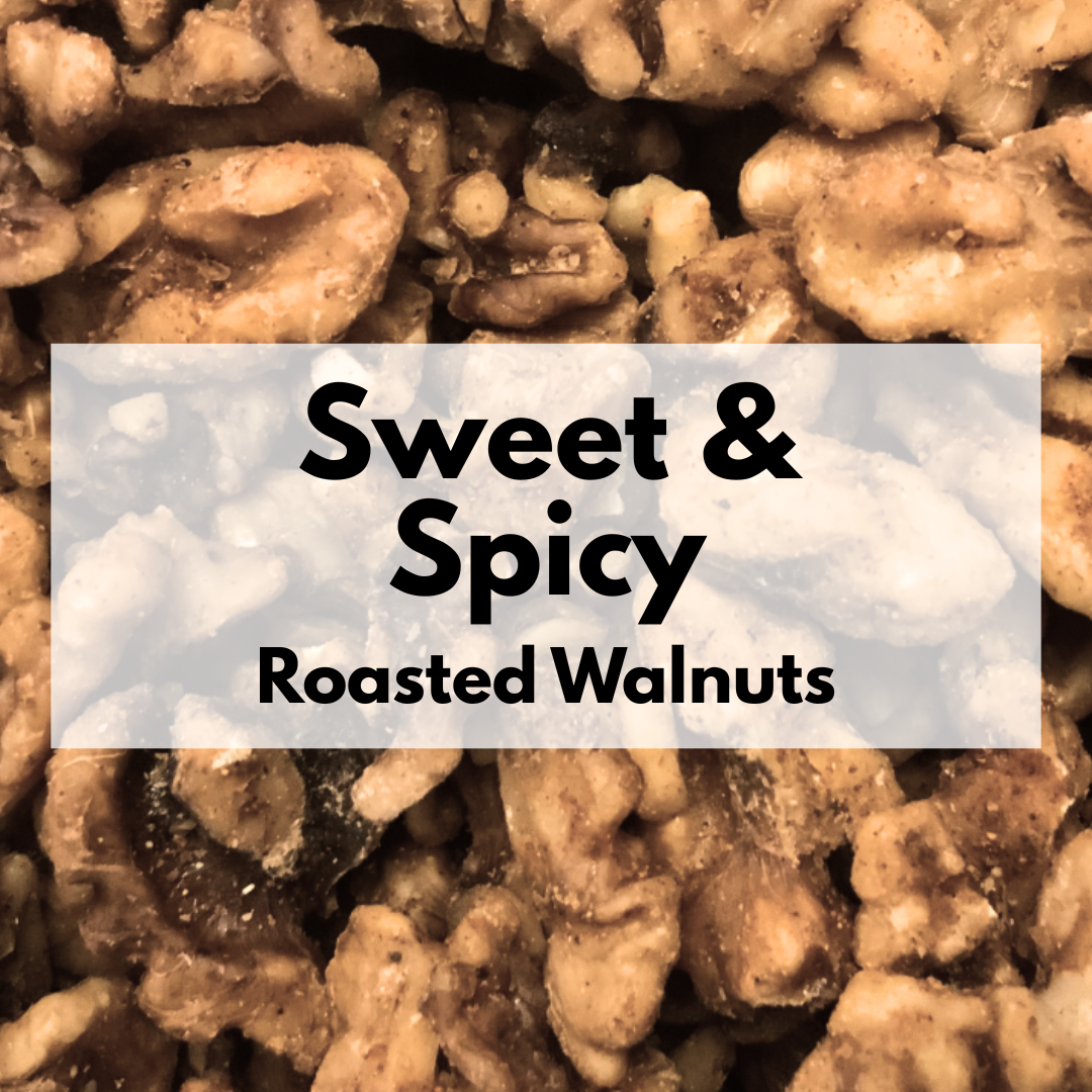 Captain Crazy's Sweet & Spicy Roasted Walnuts in a resealable stand-up pouch featuring premium walnut halves infused with cinnamon and cayenne pepper.