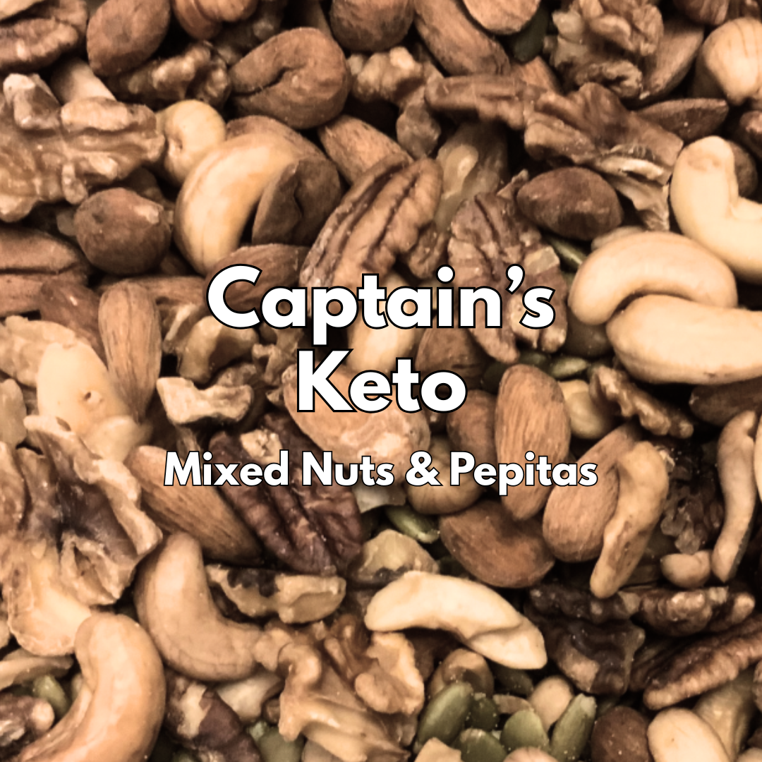 Captain's Keto Mix with premium roasted walnuts, cashews, almonds, pecans and pepitas in a resealable stand-up pouch.