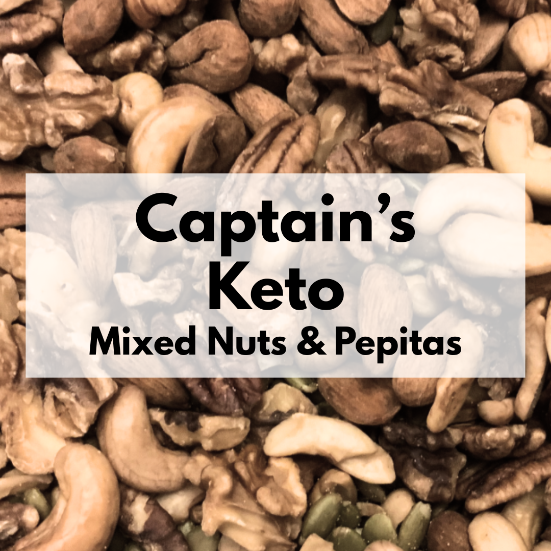 Captain's Keto Mix with premium roasted walnuts, cashews, almonds, pecans and pepitas in a resealable stand-up pouch.