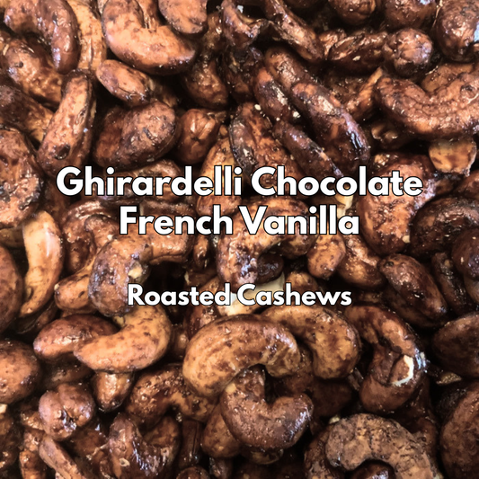 Captain Crazy's Ghirardelli® Chocolate French Vanilla Roasted Cashews in a resealable stand-up pouch featuring premium whole cashews infused with rich chocolate and French vanilla.