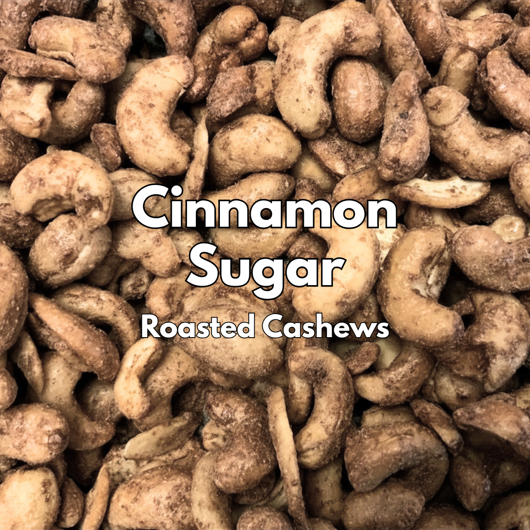 Captain Crazy's Cinnamon Sugar Roasted Cashews in a resealable stand-up pouch featuring premium whole cashews infused with cinnamon and real vanilla bean.