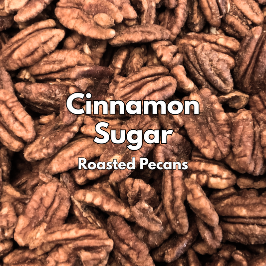 Captain Crazy's Cinnamon Sugar Roasted Pecans in a resealable stand-up pouch featuring premium mammoth pecan halves infused with cinnamon and real vanilla bean.
