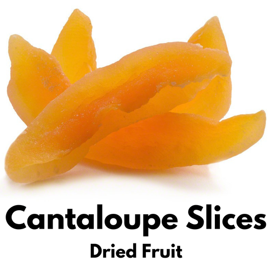 Dried cantaloupe slices in a pile on a white background, naturally sweet chewy dried fruit snack from Captain Crazy's.