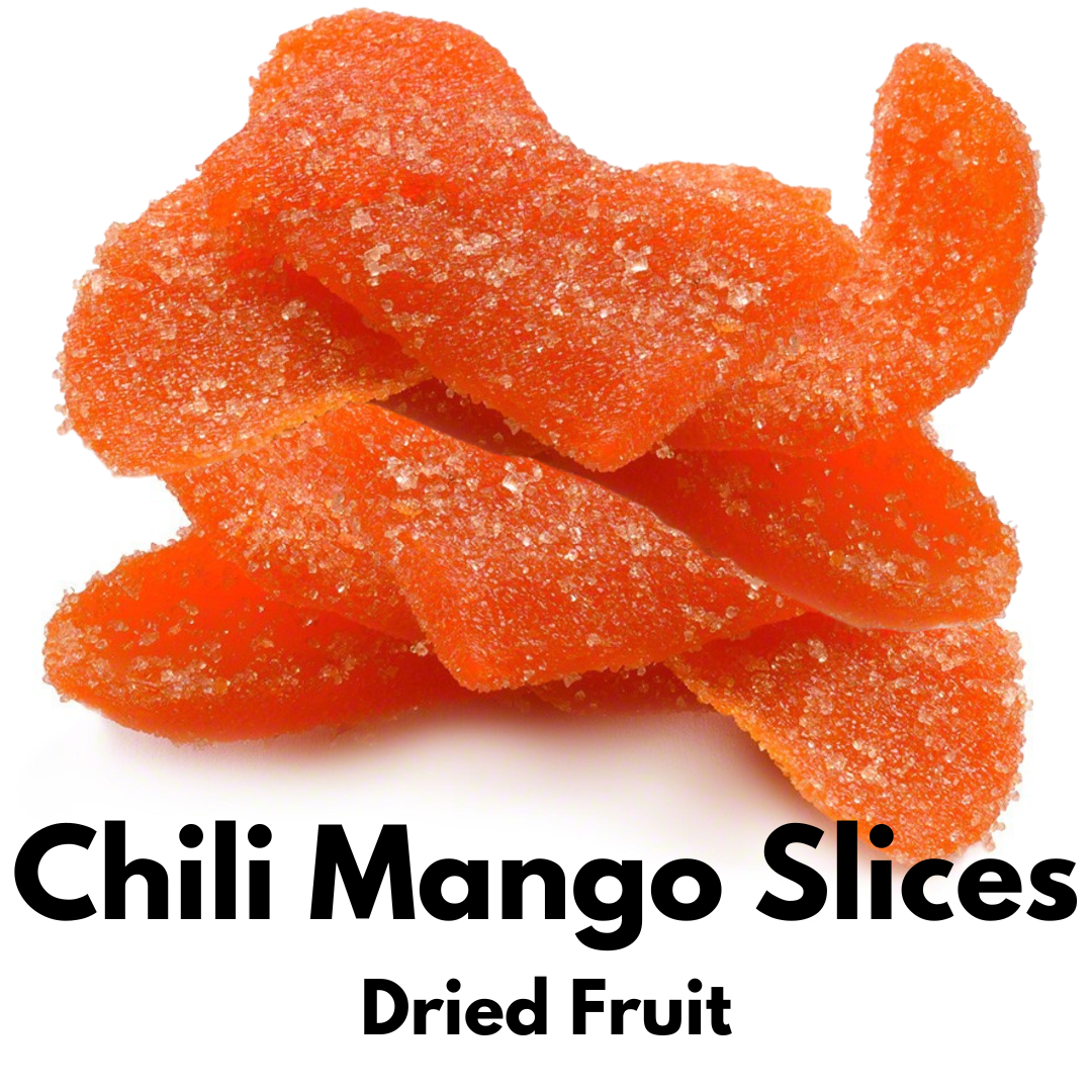 Sweet and spicy dried chili mango slices stacked on a white background.