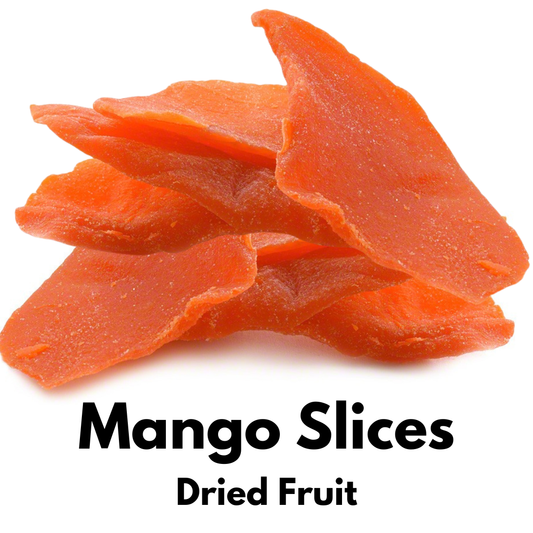 Sweet chewy dried mango slices stacked on a white background with Captain Crazy's Dried Fruit label.