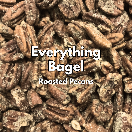 Captain Crazy's Everything Bagel Roasted Pecans in a resealable stand-up pouch featuring premium mammoth pecan halves infused with savory everything bagel seasoning.