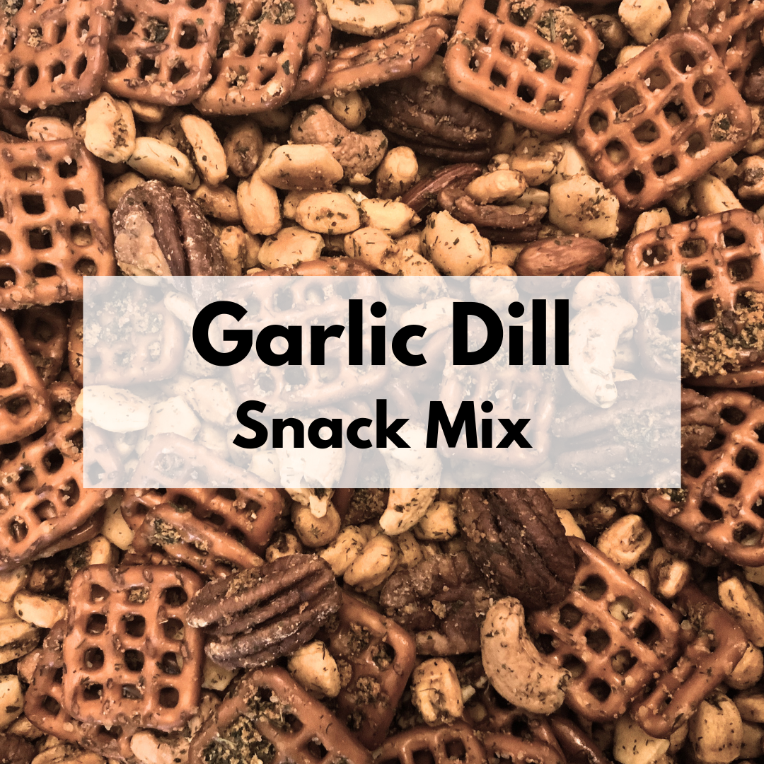 Captain Crazy's Garlic Dill Nutty Snack Mix in a resealable stand-up pouch featuring roasted pecans, mixed nuts, pretzels, corn nuts and oyster crackers seasoned with garlic and dill.