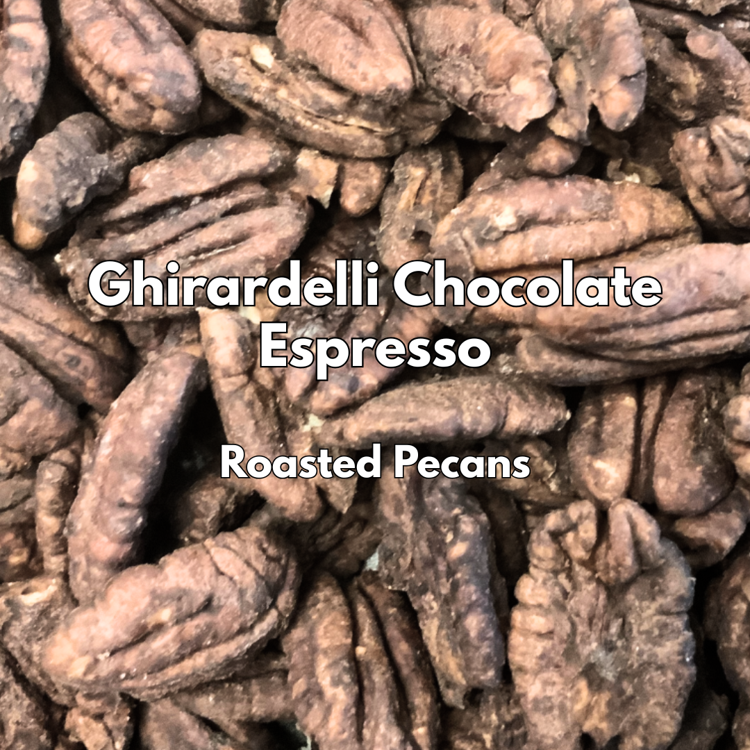 Captain Crazy's Ghirardelli® Chocolate Espresso Roasted Pecans in a resealable stand-up pouch featuring premium mammoth pecan halves infused with chocolate and espresso.