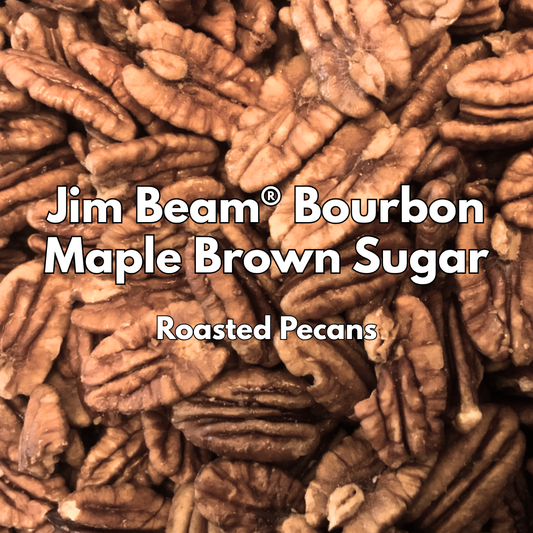 Captain Crazy's Jim Beam® Bourbon Maple Brown Sugar Roasted Pecans in a resealable stand-up pouch featuring premium mammoth pecan halves infused with bourbon and maple sugar.