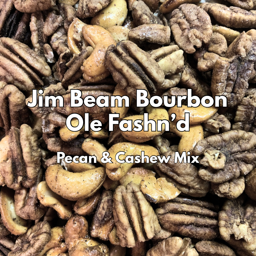 Jim Beam® Bourbon Ole Fashn'd roasted pecan and cashew mix in a resealable stand-up pouch featuring premium pecans and whole cashews infused with bourbon.