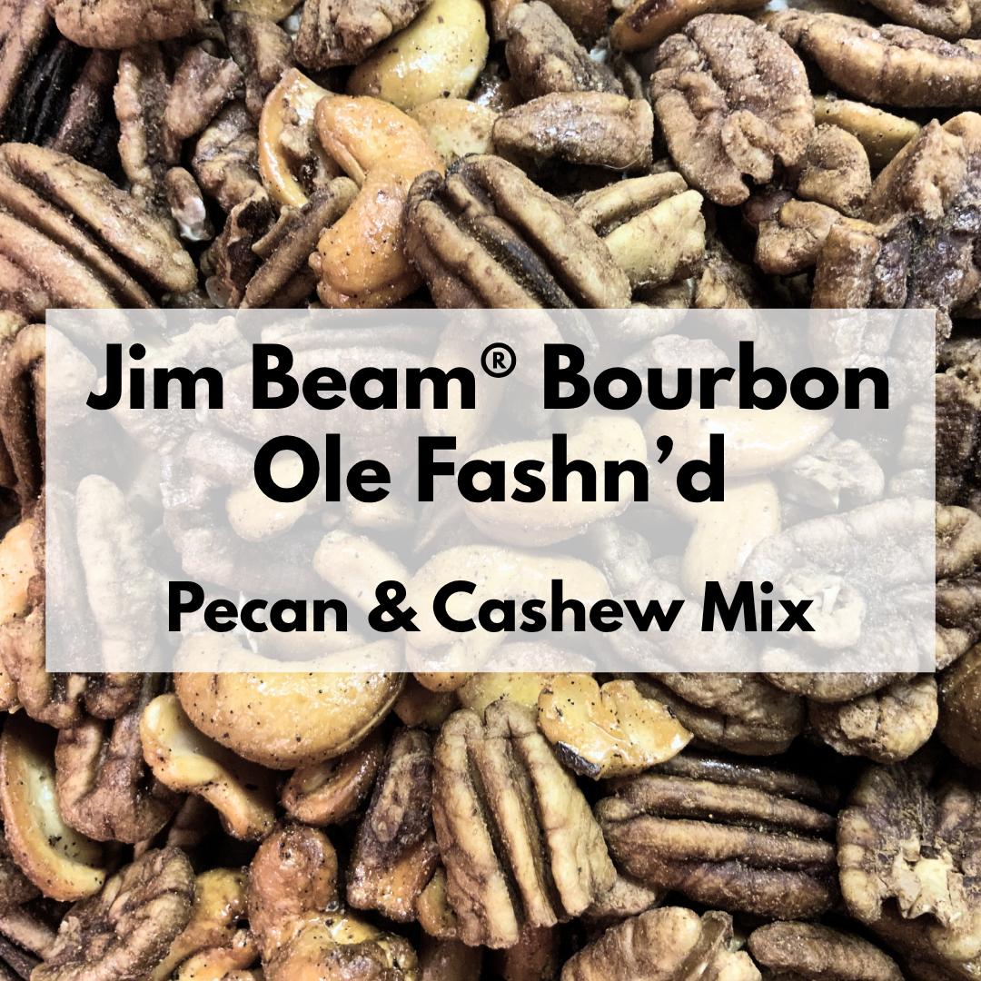 Jim Beam® Bourbon Ole Fashn'd roasted pecan and cashew mix in a resealable stand-up pouch featuring premium pecans and whole cashews infused with bourbon.