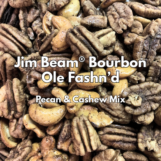Jim Beam® Bourbon Ole Fashn'd roasted pecan and cashew mix in a resealable stand-up pouch featuring premium pecans and whole cashews infused with bourbon.