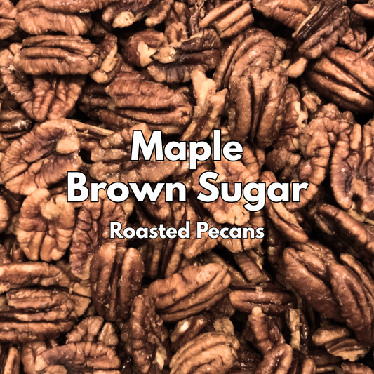 Captain Crazy's Maple Brown Sugar Roasted Pecans in a resealable stand-up pouch featuring premium mammoth pecan halves infused with pure maple sugar.
