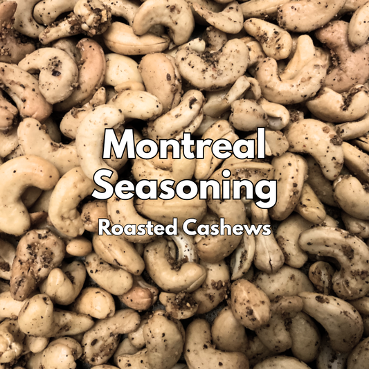 Captain Crazy's Montreal Seasoning Roasted Cashews in a resealable stand-up pouch featuring premium whole cashews infused with Montreal steak seasoning.