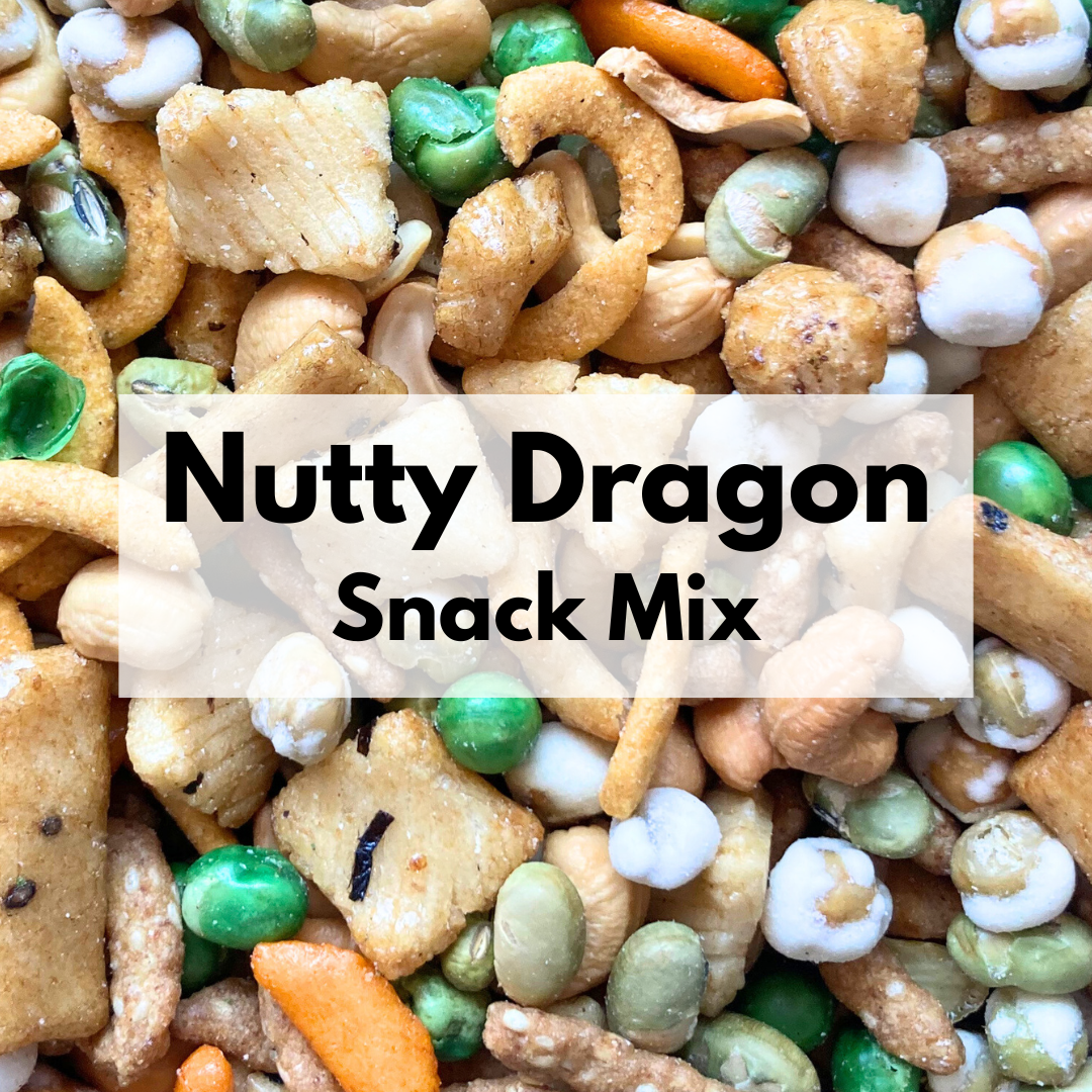 Captain Crazy's Nutty Dragon Snack Mix in a resealable stand-up pouch featuring cashews, rice crackers, roasted edamame, pepitas, wasabi peas and wasabi beans.