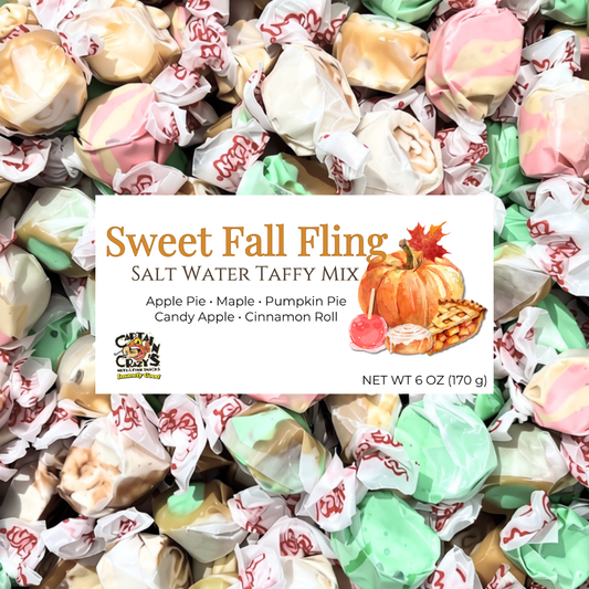 Sweet Fall Fling Salt Water Taffy Mix by Captain Crazy's featuring Apple Pie, Maple, Pumpkin Pie, Candy Apple and Cinnamon Roll flavors in a 6 oz resealable bag.