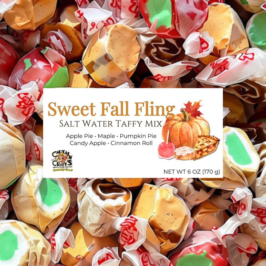 Sweet Fall Fling Salt Water Taffy Mix by Captain Crazy's featuring Apple Pie, Maple, Pumpkin Pie, Candy Apple and Cinnamon Roll flavors in a 6 oz resealable bag.