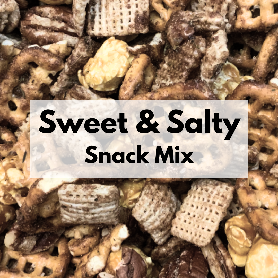 Captain Crazy's Sweet & Salty Nutty Snack Mix in a resealable stand-up pouch featuring roasted pecans, caramel cheese popcorn, pretzels and crisp rice cereal squares.