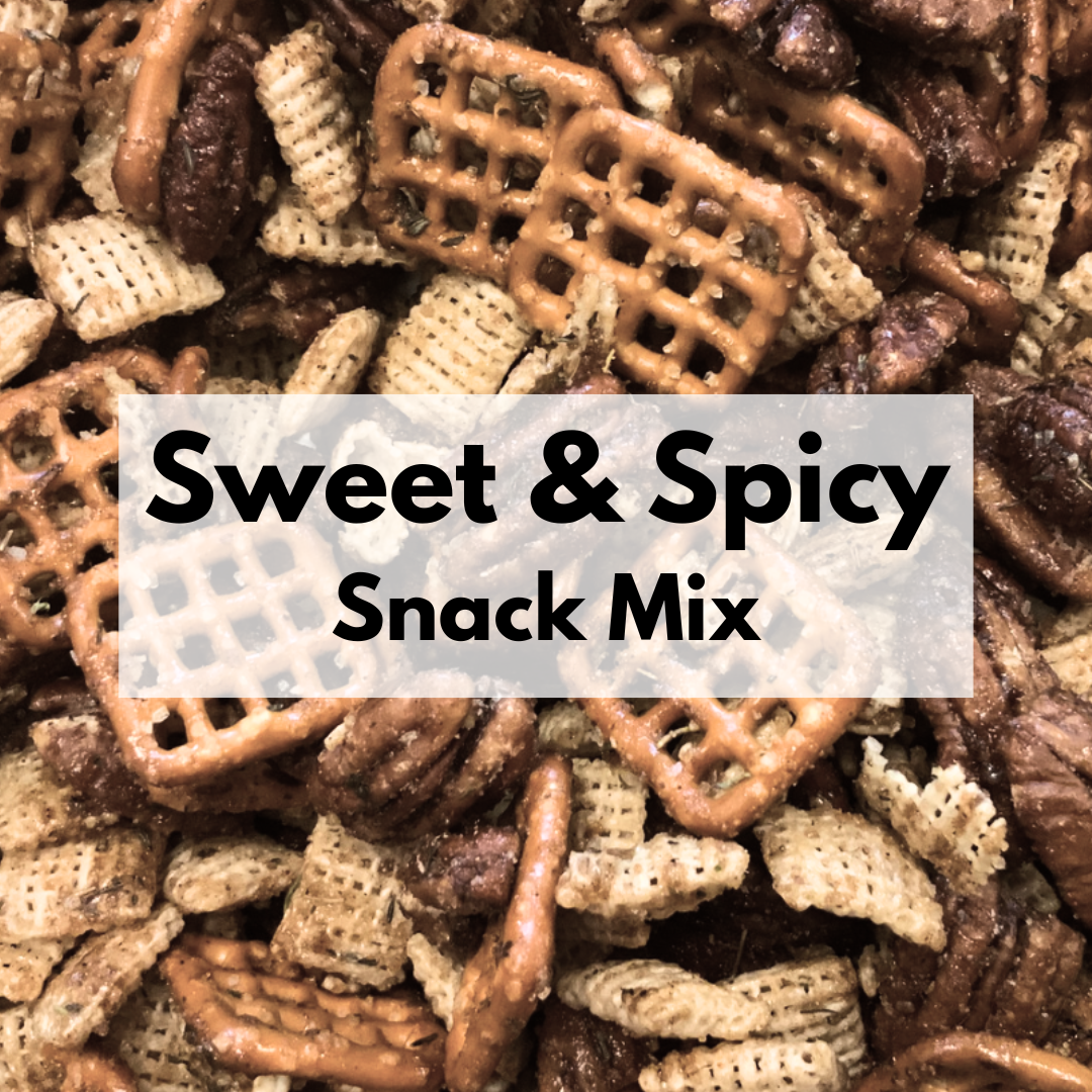 Captain Crazy's Sweet & Spicy Nutty Snack Mix in a resealable stand-up pouch featuring roasted pecans, pretzels and crisp rice cereal squares seasoned with cinnamon and cayenne.